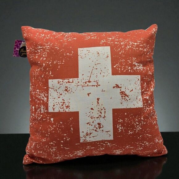 NEW Distressed Print 18x18" Throw Pillow Swiss Cross Flag Ski Patrol Life Guard - Picture 5 of 12